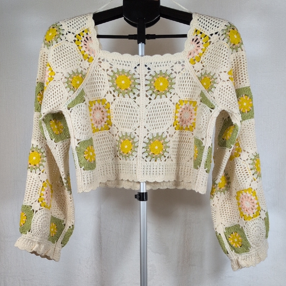 Sadie & Sage Cream Crochet Floral Cardigan with Yellow, Pink & Green Accents - Picture 2 of 6